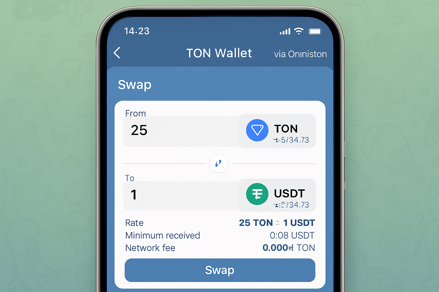TON Wallet swap interface inside Telegram app featuring Omniston integration for seamless DeFi token swaps