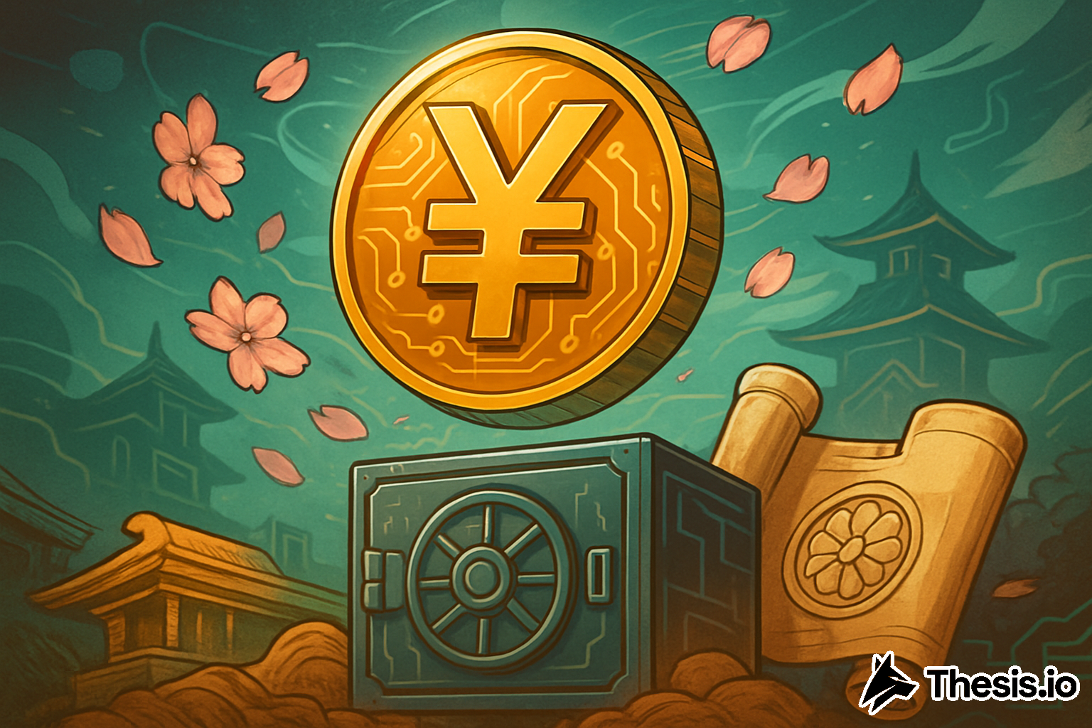 JPYC stablecoin architecture showing digital wallets, Japanese government bonds, and FSA compliance badges