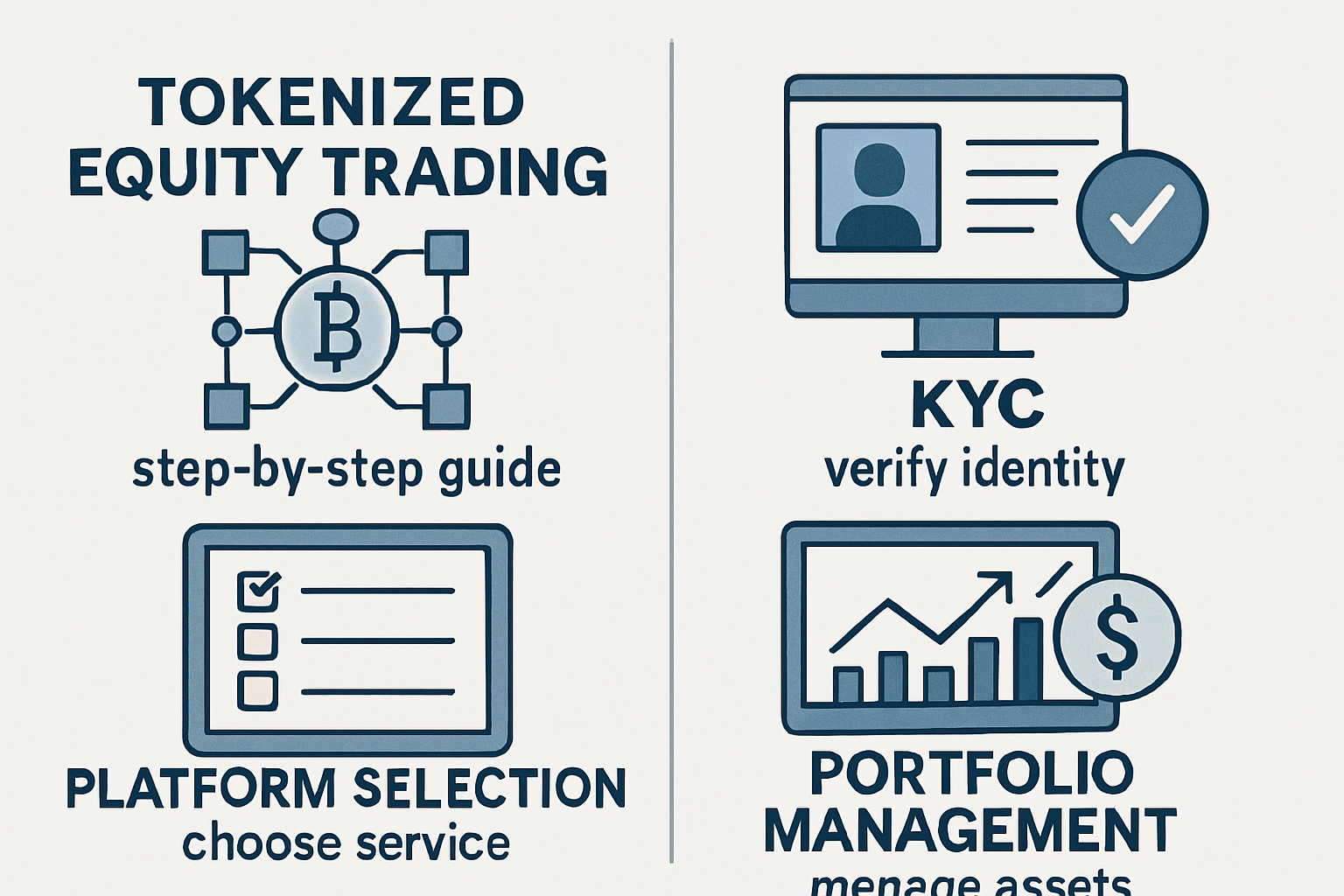 Step-by-step guide to investing in tokenized equities shown on a blockchain trading interface, highlighting actions like KYC verification, platform selection, and portfolio management.