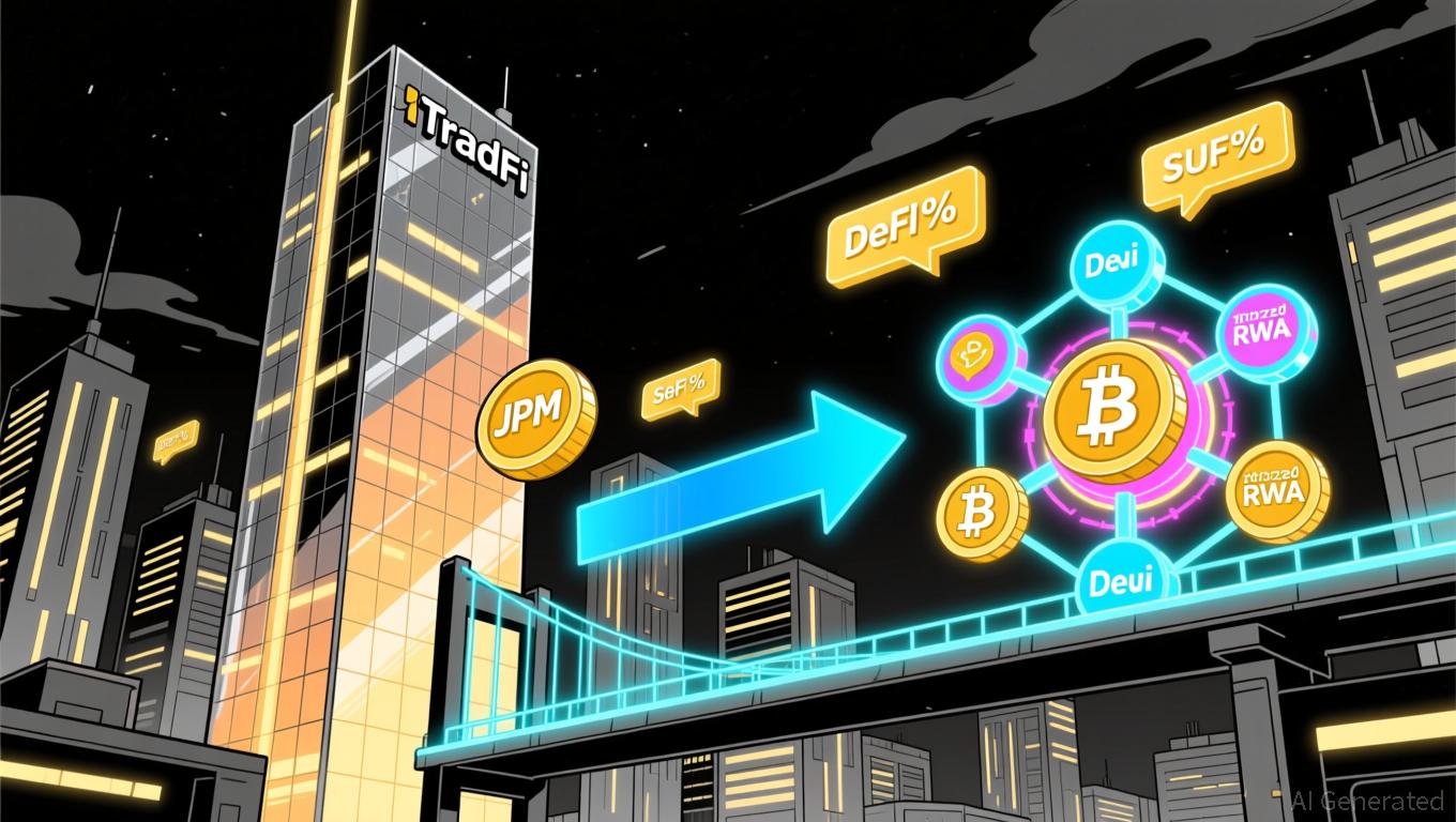 Illustration of a blockchain bridge connecting traditional finance skyscrapers to DeFi platforms, symbolizing the flow of capital and data for reinsurance in 2025.