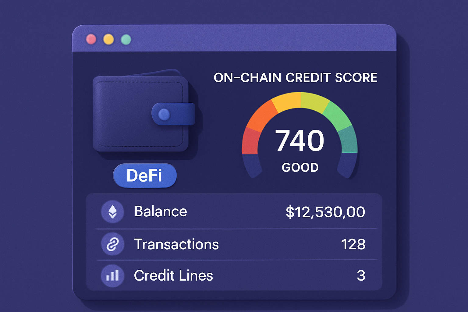 Digital wallet interface showing an on-chain credit score dashboard for DeFi lending