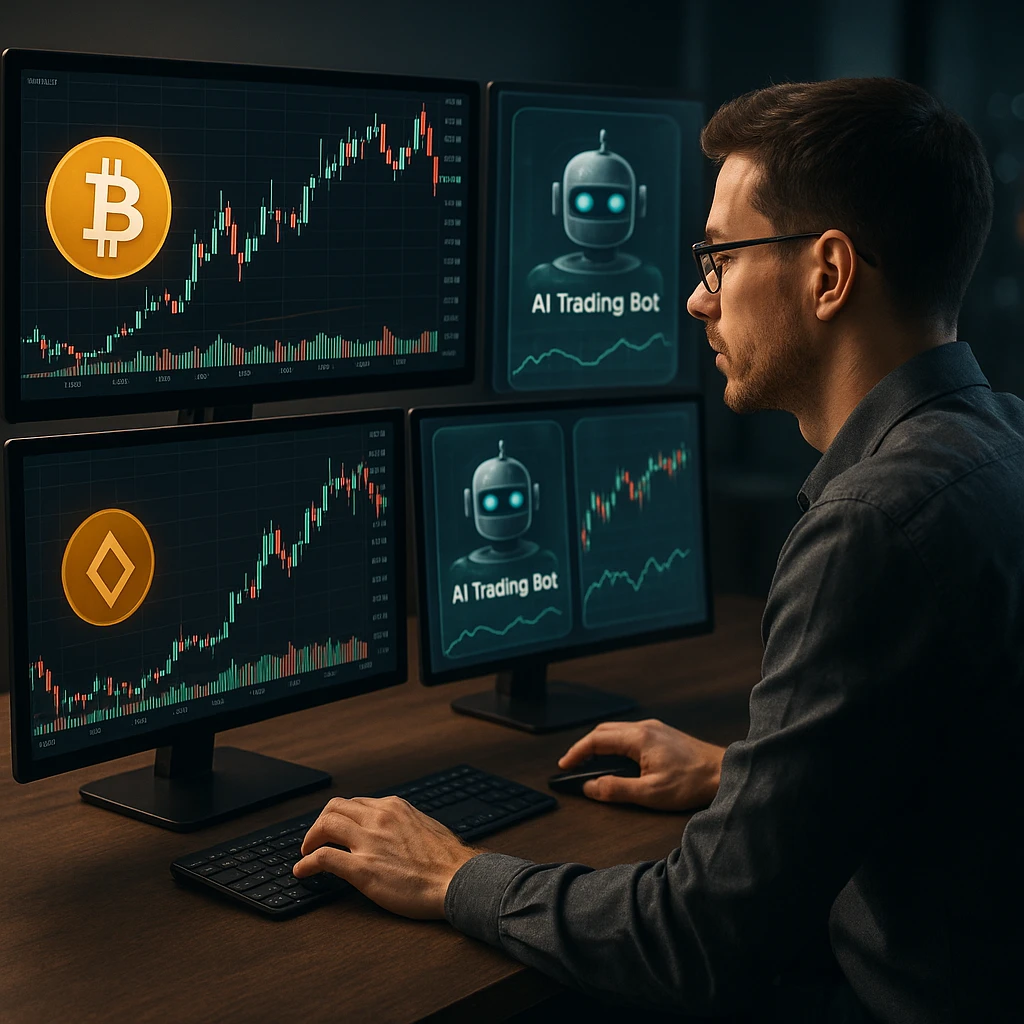 AI trading agent at a modern trading desk analyzing multiple crypto charts on large monitors in a high-tech environment