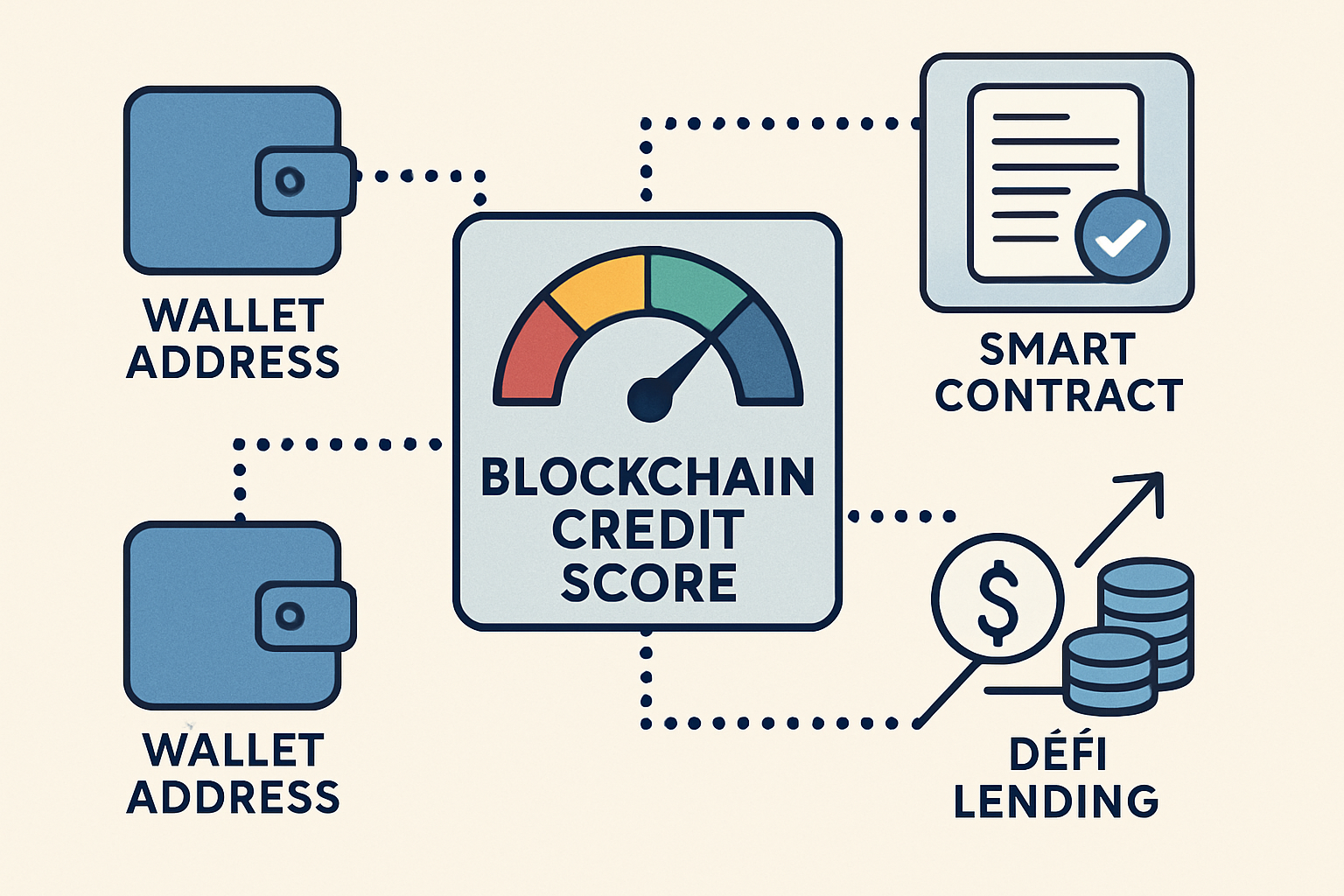 Blockchain-based credit scoring illustration showing interconnected wallet addresses and smart contracts for under-collateralized DeFi lending