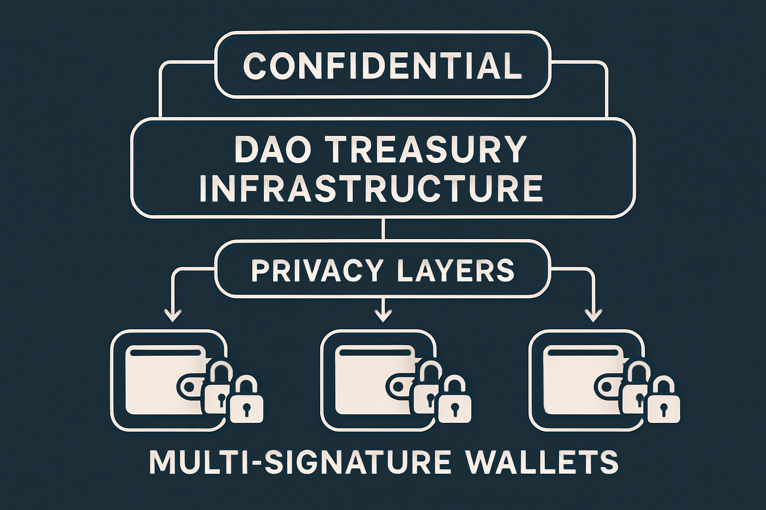 Confidential DAO treasury infrastructure visual showing privacy layers and secure multi-signature wallets for decentralized governance