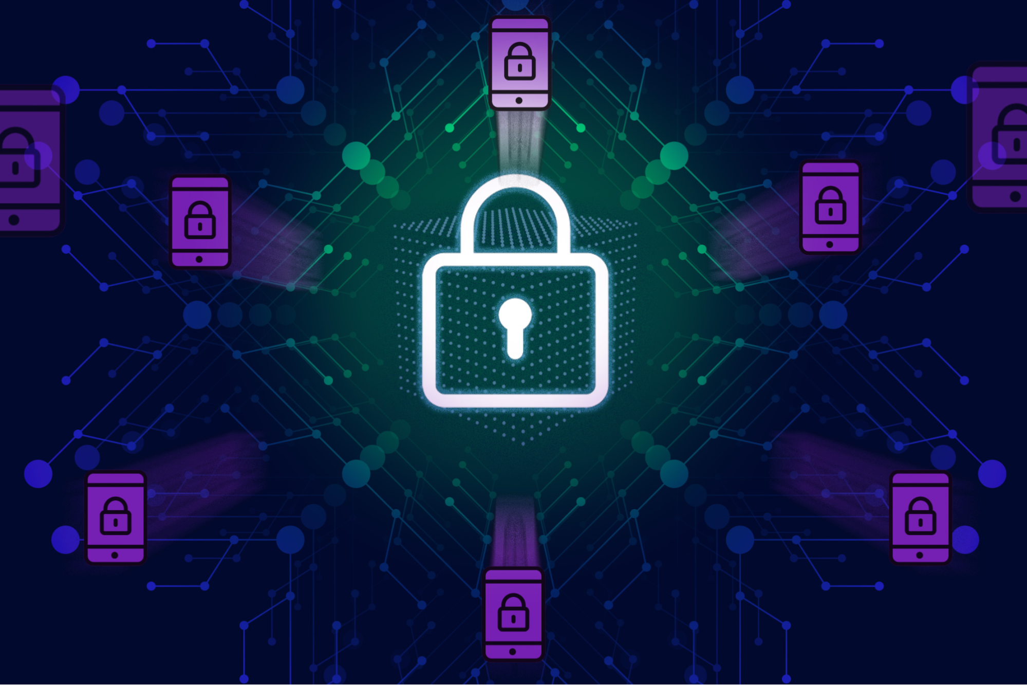 Decentralized data encryption visualized in Base SocialFi apps with blockchain nodes and secure data transfer