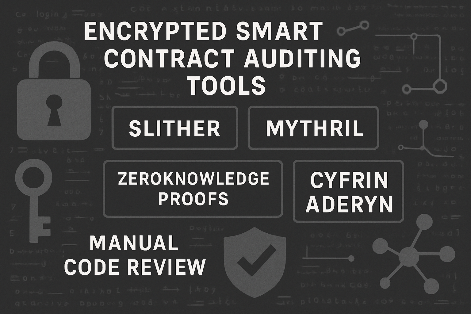 Visual representation of encrypted smart contract auditing tools and methodologies, featuring code overlays, cryptographic symbols, and icons for Slither, Mythril, Zero-Knowledge Proofs, Cyfrin Aderyn, and manual code review with fuzzing.