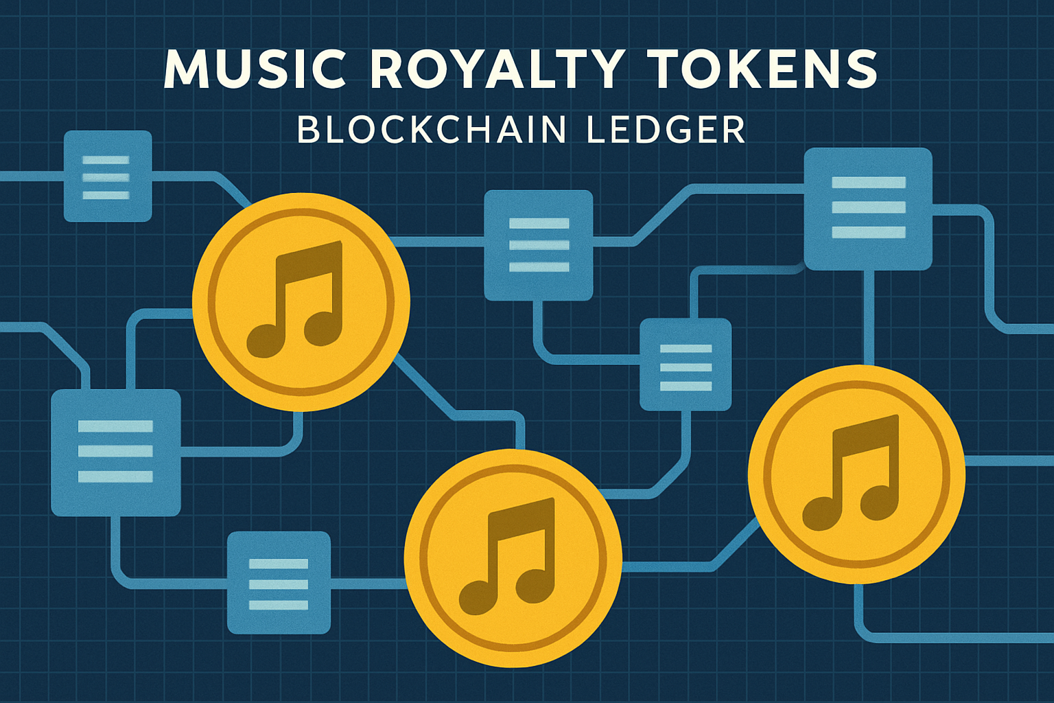 Digital tokens representing music royalties displayed on a blockchain ledger, symbolizing fractional ownership in songs and artist revenue streams.