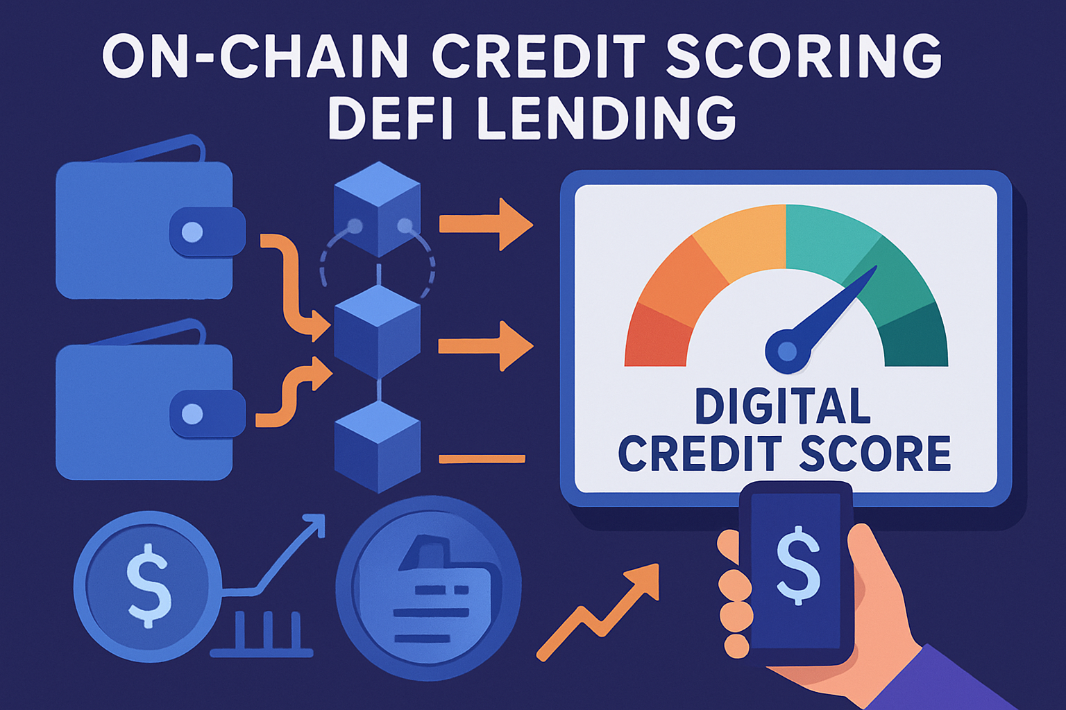 Visual representation of on-chain credit scoring in DeFi lending, featuring blockchain wallets, digital credit scores, and decentralized finance icons