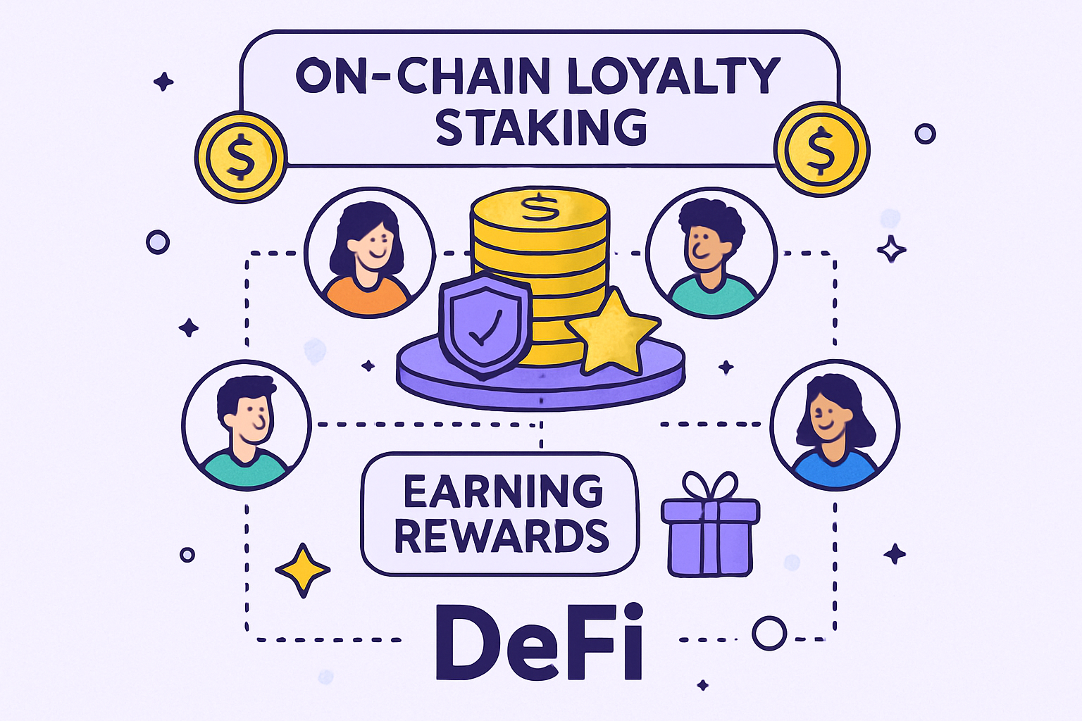 Illustration of interconnected users participating in on-chain loyalty staking and earning DeFi rewards