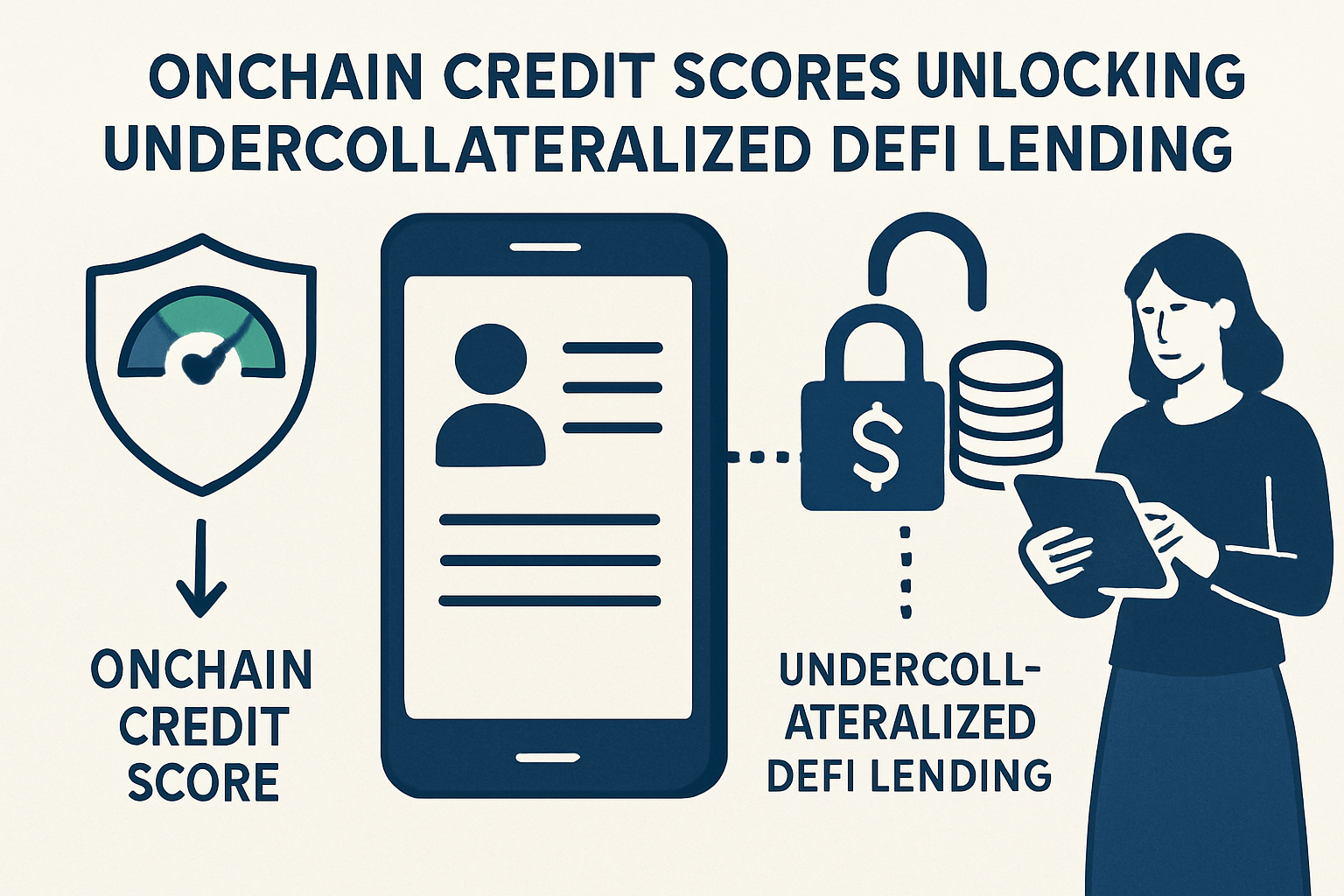 Illustration of onchain credit scores enabling undercollateralized lending in DeFi, showing digital wallets, blockchain, and unlocked crypto loans