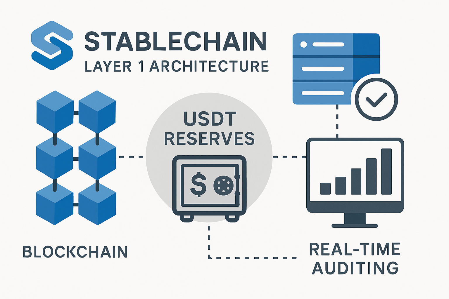 Stablechain Layer 1 architecture visual with USDT reserves and real-time auditing dashboard