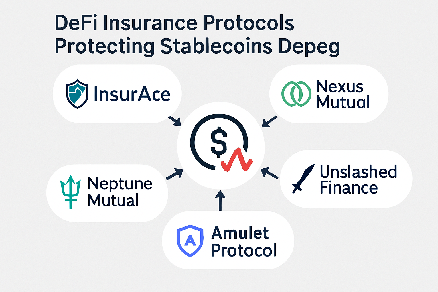 Illustration of top DeFi insurance protocols in 2024—InsurAce, Nexus Mutual, Unslashed Finance, Neptune Mutual, and Amulet Protocol—protecting stablecoins against depeg risks.