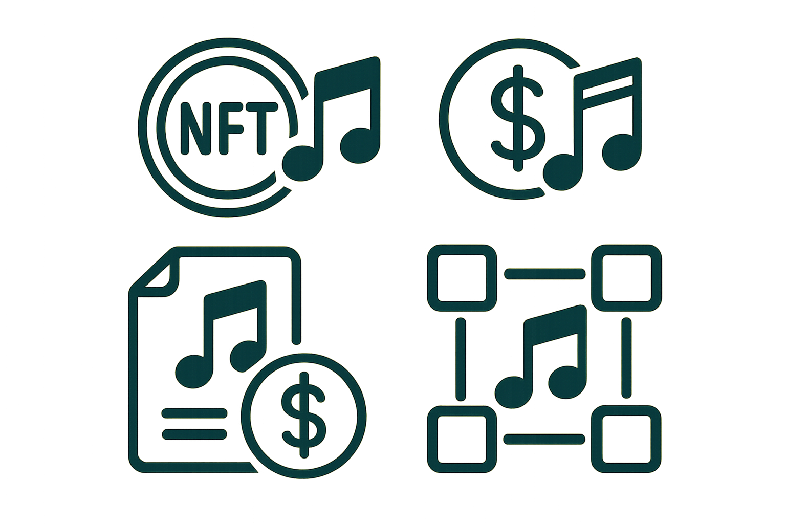 Tokenized music royalties concept with blockchain icons and music notes representing fractional ownership in the music industry