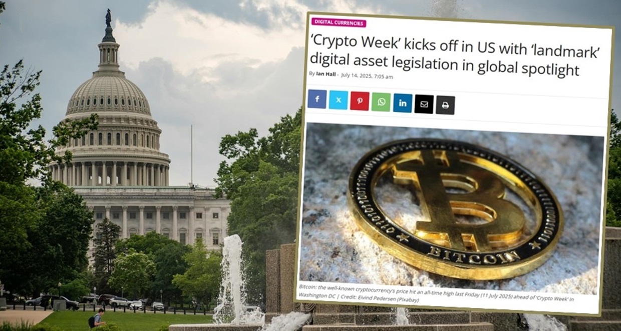 Digital dollar stablecoin graphic overlayed on the U.S. Capitol building, symbolizing new US stablecoin regulations under the GENIUS Act