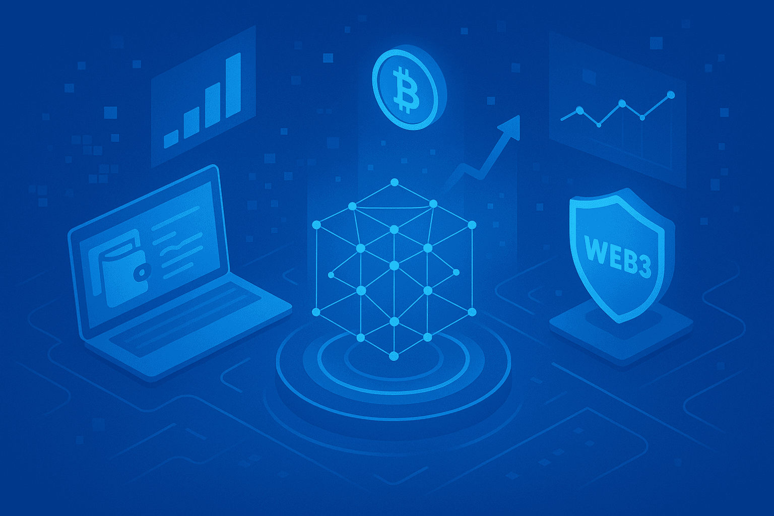 Web3 user monitoring crypto credit score dashboard on laptop, tablet, and smartphone, highlighting best practices for DeFi credit management and decentralized identity solutions.
