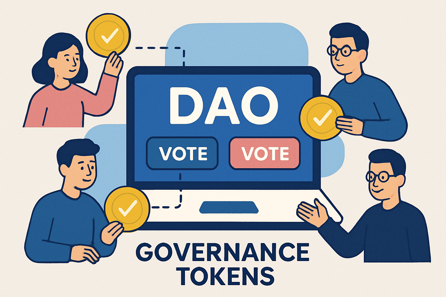 DAO members voting with governance tokens on a digital interface, illustrating decentralized decision-making and treasury management.