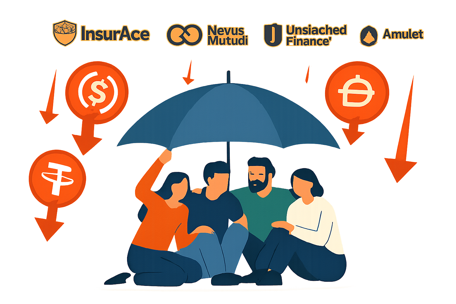 DeFi users protected by a digital shield from falling stablecoin icons, featuring InsurAce, Nexus Mutual, Unslashed Finance, Amulet Protocol, and Sherlock logos