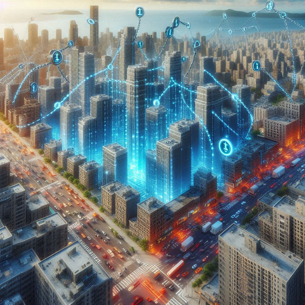 Digital tokens floating over a modern city skyline, symbolizing fractional real estate ownership through blockchain technology.