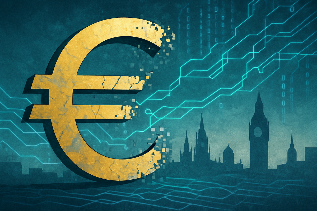 Euro stablecoins flowing digitally across European cities with blockchain connections for seamless cross-border payments