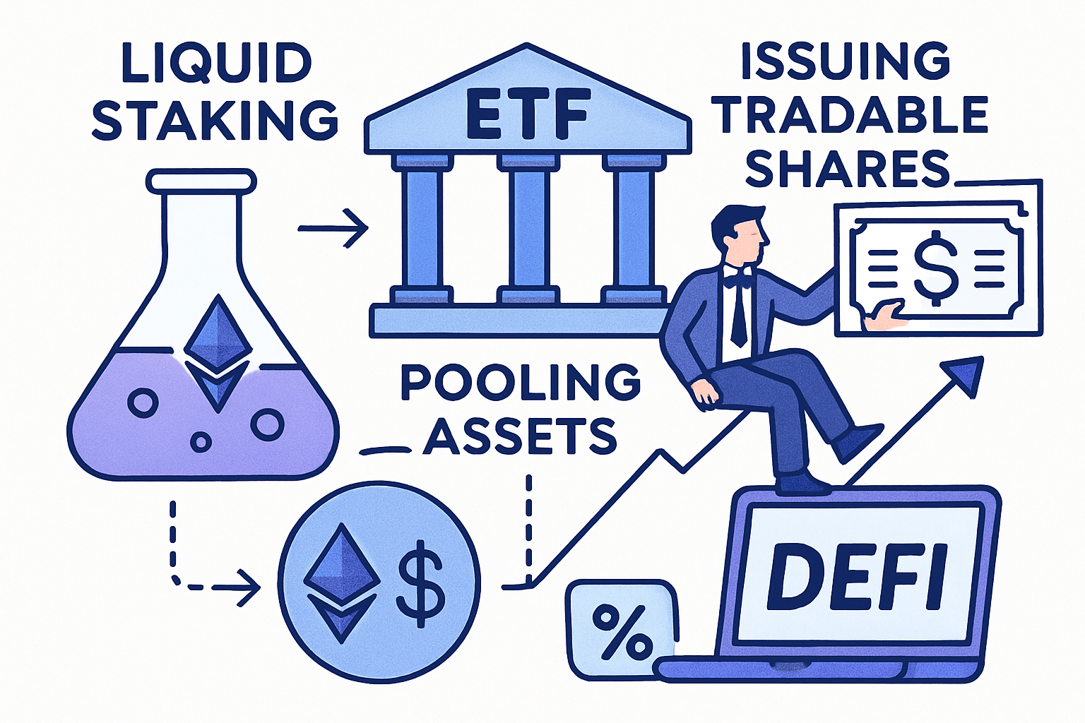 Conceptual illustration of liquid staking ETFs pooling crypto assets and issuing tradable shares, representing DeFi investment and enhanced liquidity
