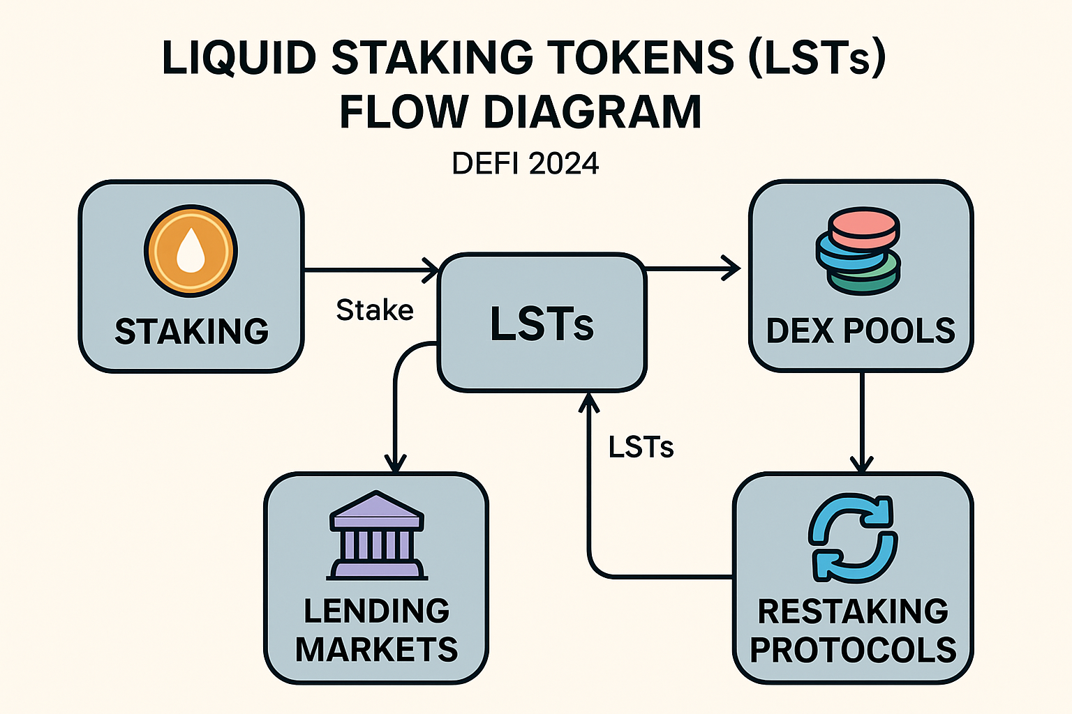 Diagram showing liquid staking tokens (LSTs) flowing between staking platforms, DEX liquidity pools, lending markets, and restaking protocols for yield maximization in 2024 DeFi.