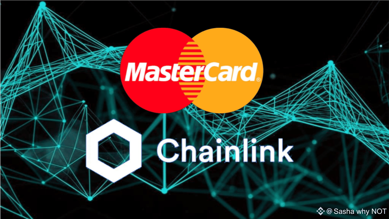 Mastercard and Chainlink logos merging over a digital payment network, symbolizing collaboration in crypto transactions