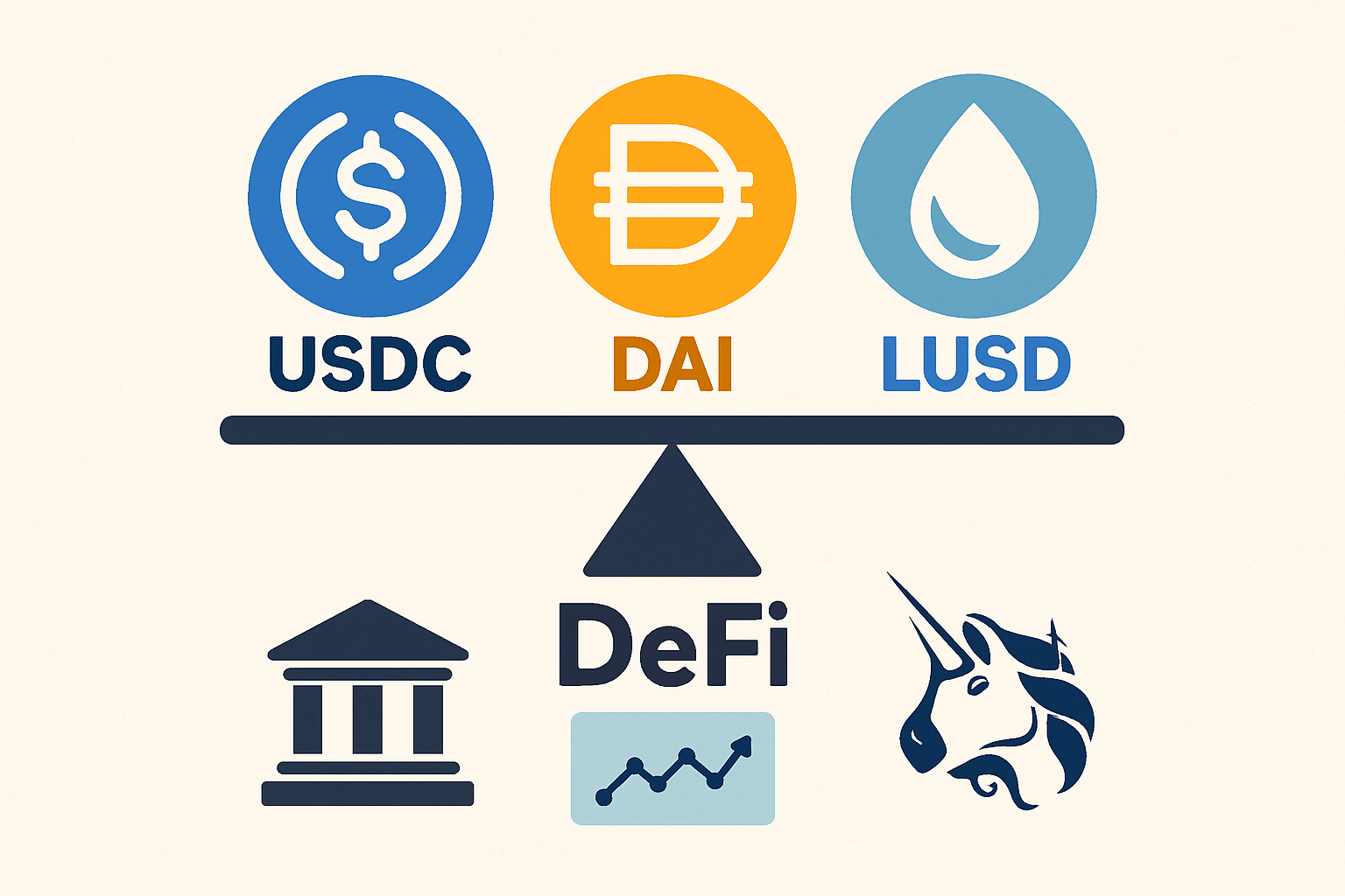 Stablecoins USDC, DAI, and LUSD balancing on a seesaw above DeFi protocol logos, illustrating risk management strategies for DeFi investors against stablecoin depeg events.