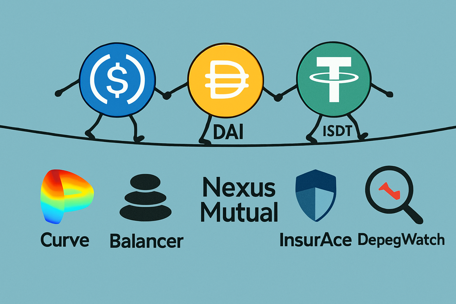 Stablecoins USDC, DAI, and USDT balancing on a tightrope above DeFi protocol logos like Curve, Balancer, and Nexus Mutual, symbolizing hedging depeg risk strategies in 2024.