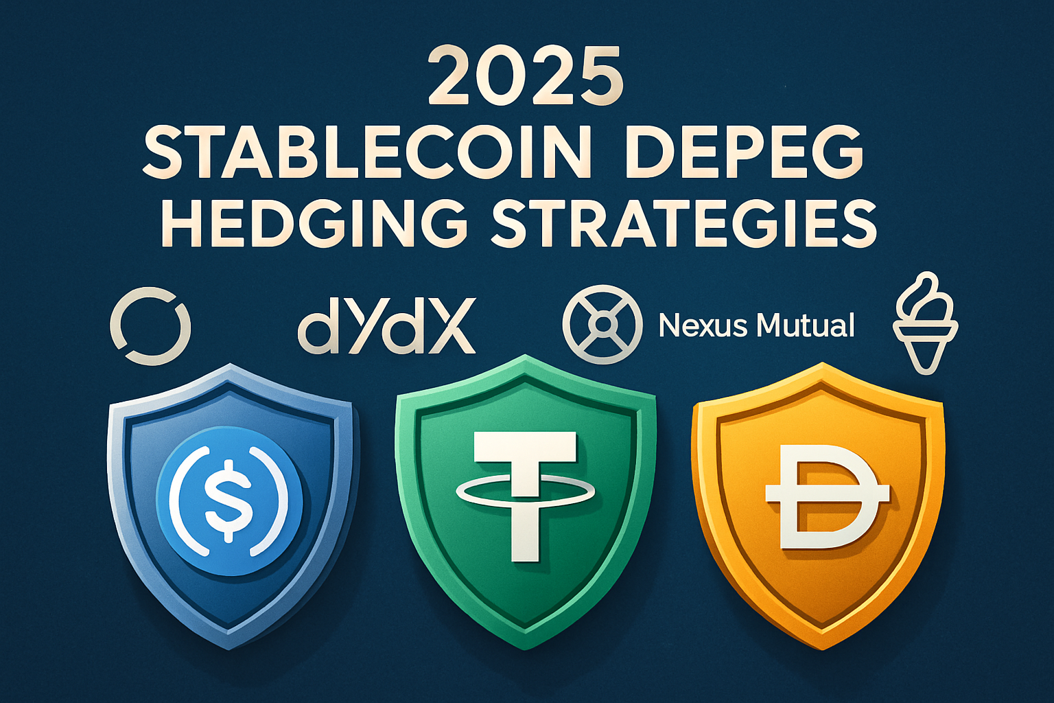 USDC, USDT, and DAI stablecoins with protective shields and DeFi protocol icons in the background, representing 2025 on-chain derivatives hedging strategies against stablecoin depegs.