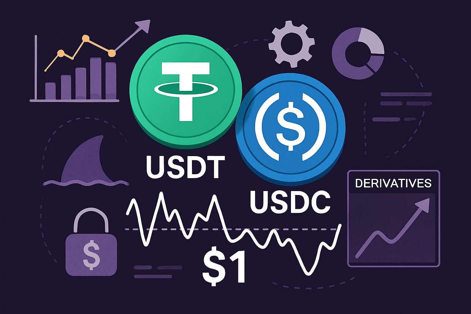 Conceptual image showing USDT and USDC stablecoins fluctuating near their $1 peg with digital overlays representing derivative contracts, hedging strategies, and DeFi protocols like Y2K Finance.