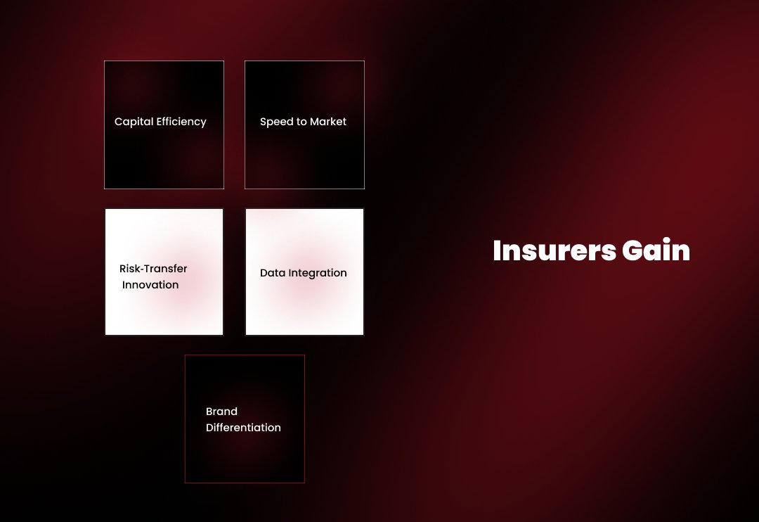 Flow of capital from DeFi investors into tokenized reinsurance pools and out to insurers, visualized with blockchain and digital asset graphics