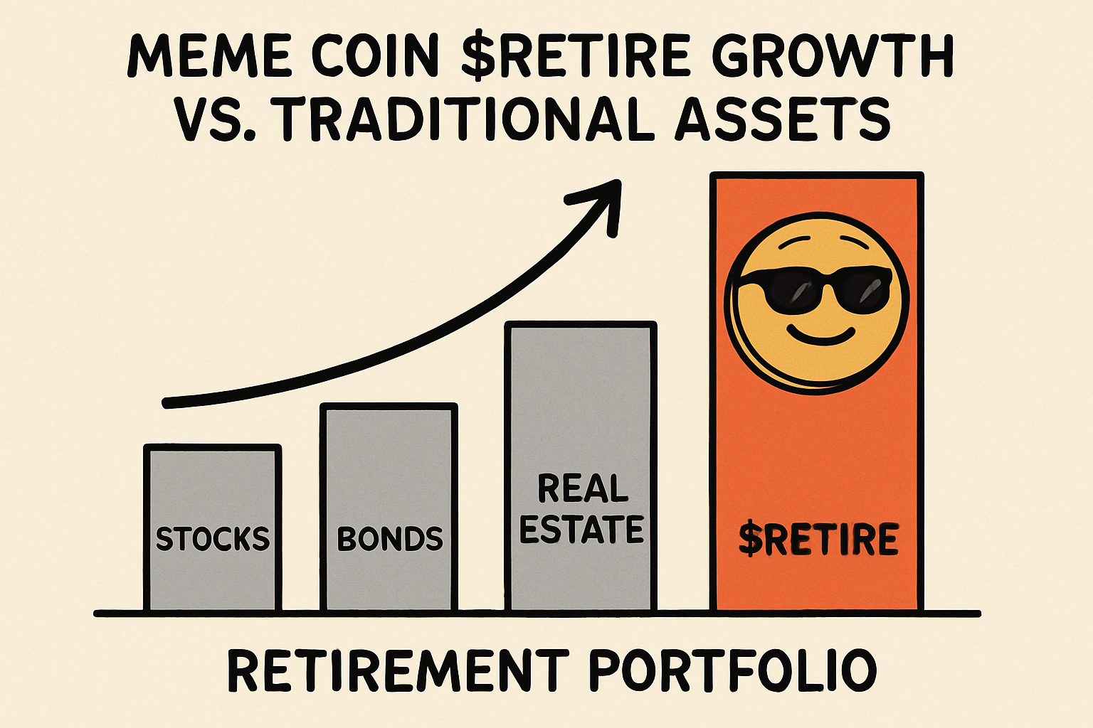 Conceptual image showing the rise of meme coins like $RETIRE alongside traditional assets, symbolizing growth in crypto retirement portfolios without specific price data.