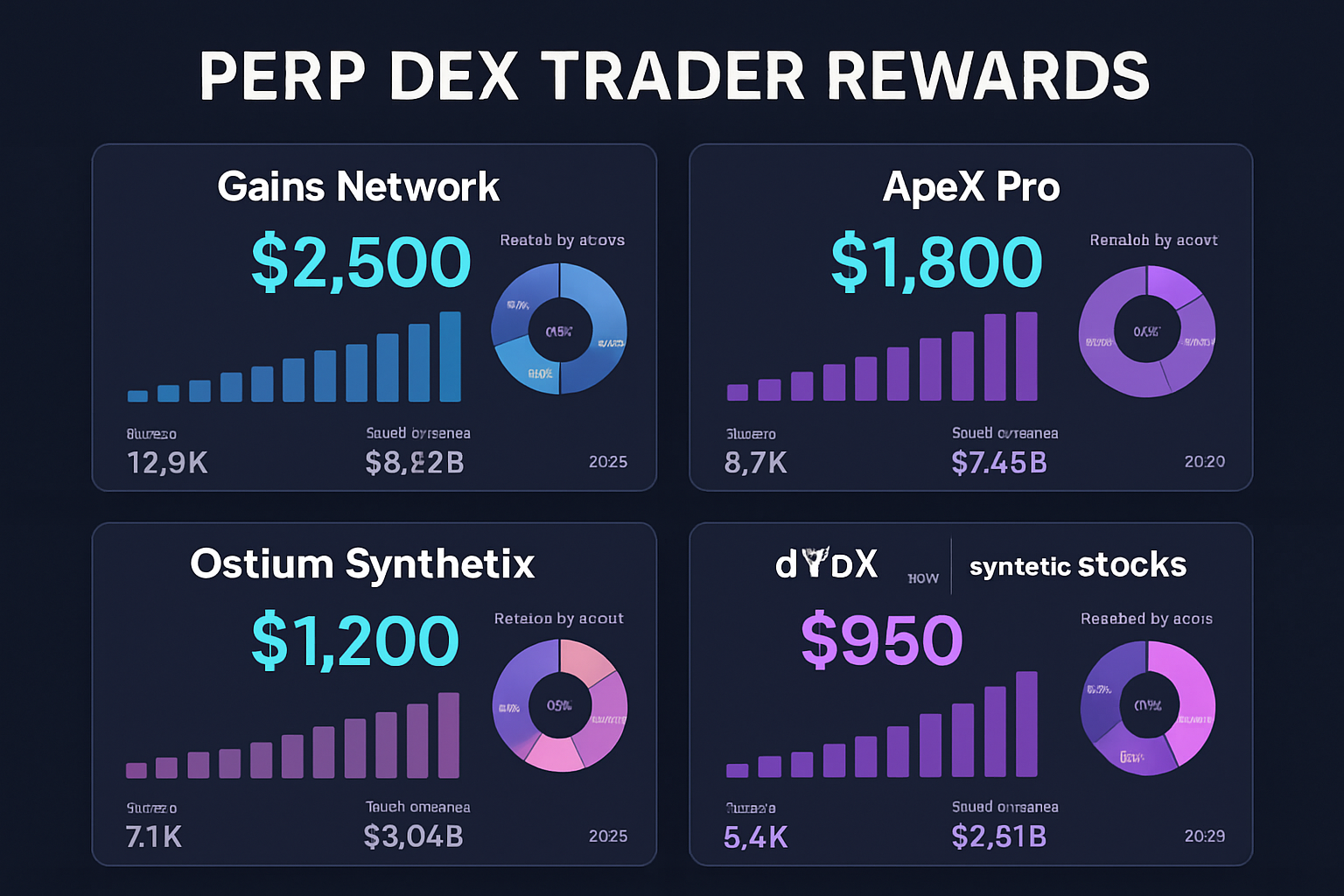 Trader rewards dashboards from top Perp DEXs in 2025: Gains Network (gTrade), ApeX Pro, Ostium, Synthetix (Perps V3), and dYdX, showcasing incentive programs and user interfaces for synthetic stock trading.