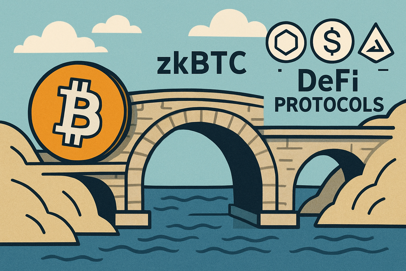 Illustration of zkBTC bridging Bitcoin into multiple DeFi protocols, symbolizing interoperability and secure cross-chain integration without price charts