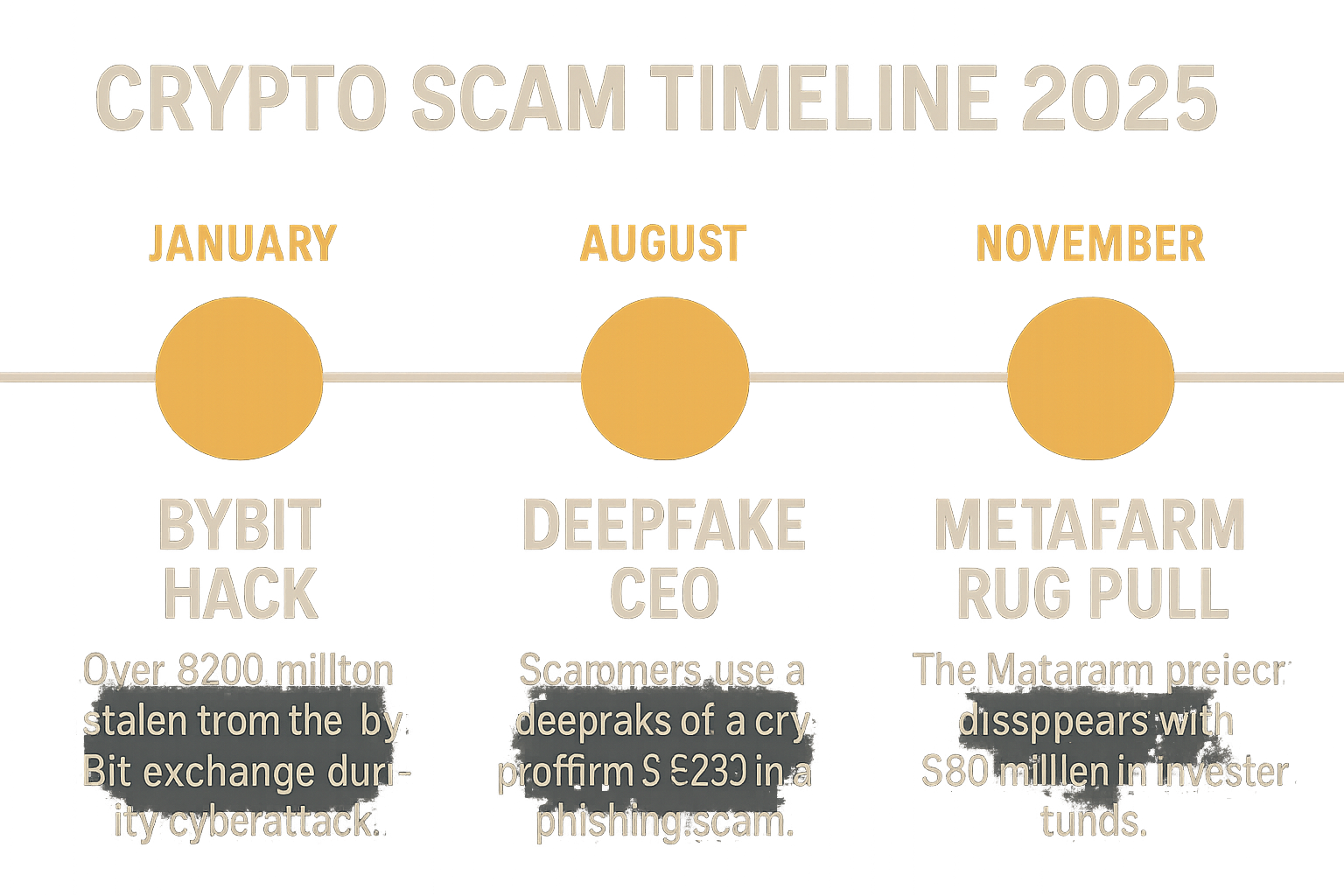 Visual timeline of major 2025 crypto scams including ByBit hack, deepfake CEO scam livestreams, and MetaFarm rug pull