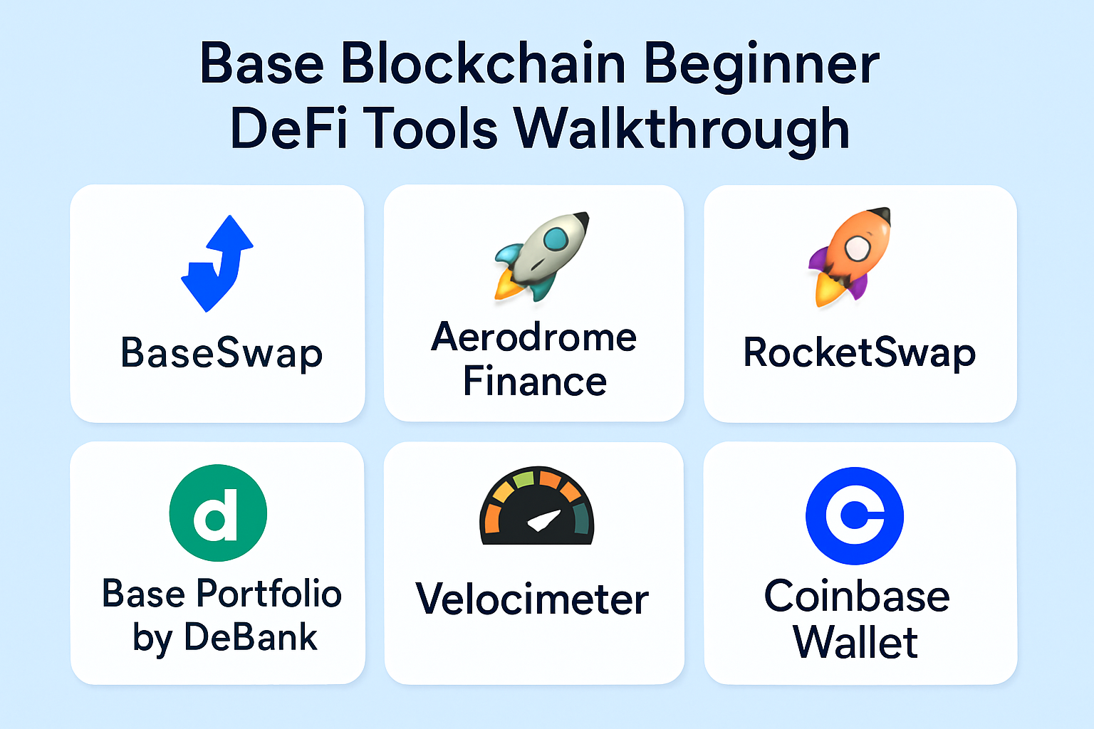Visual walkthrough of the 7 best beginner-friendly DeFi tools on Base blockchain for retail investors in 2024, featuring BaseSwap, Aerodrome Finance, RocketSwap, Base Portfolio by DeBank, Velocimeter, BaseLend, and Coinbase Wallet with Base integration.