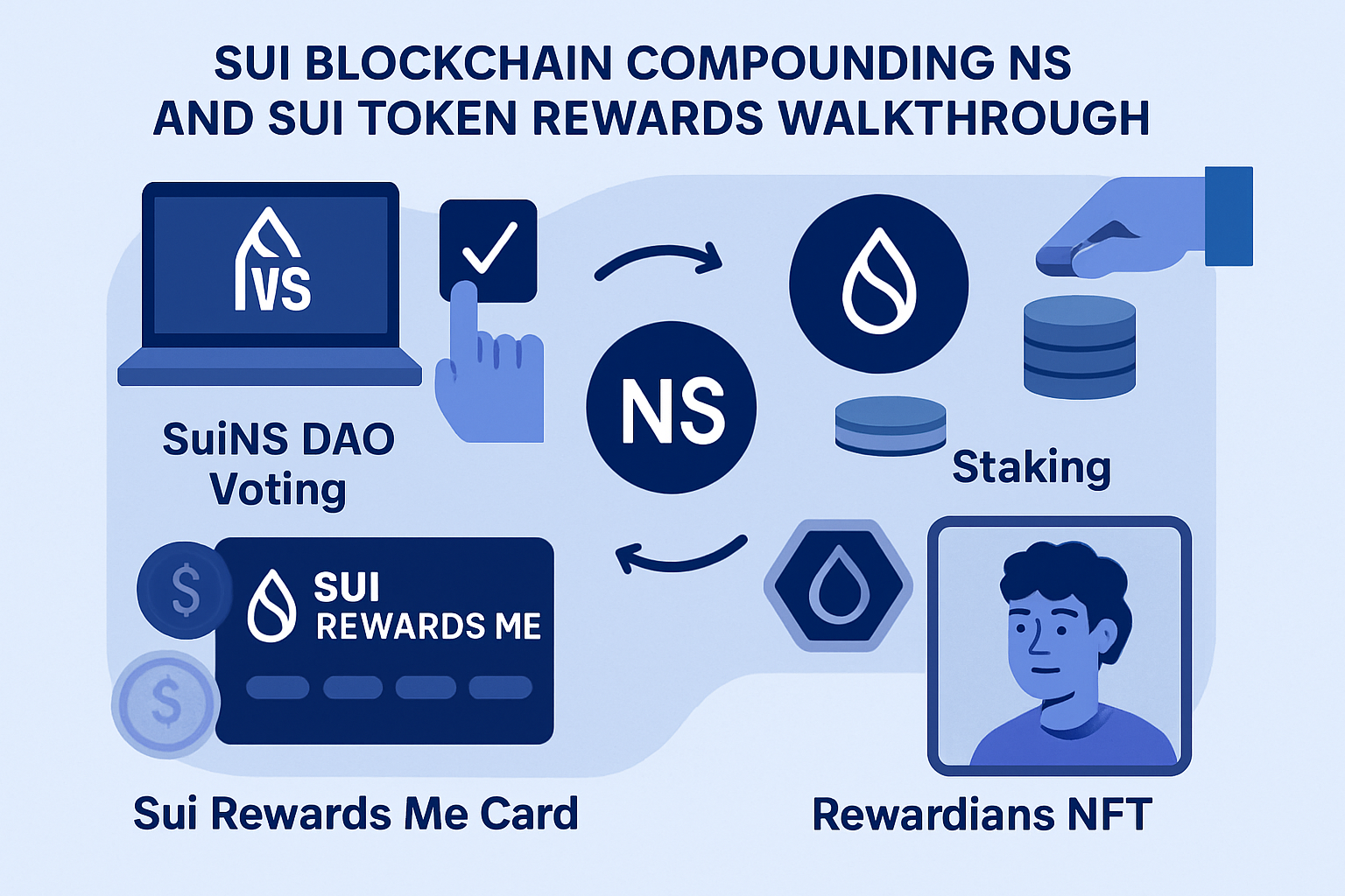 Visual walkthrough of compounding NS and SUI token rewards on Sui blockchain with SuiNS DAO voting, staking, and Rewardians NFT strategies in 2025