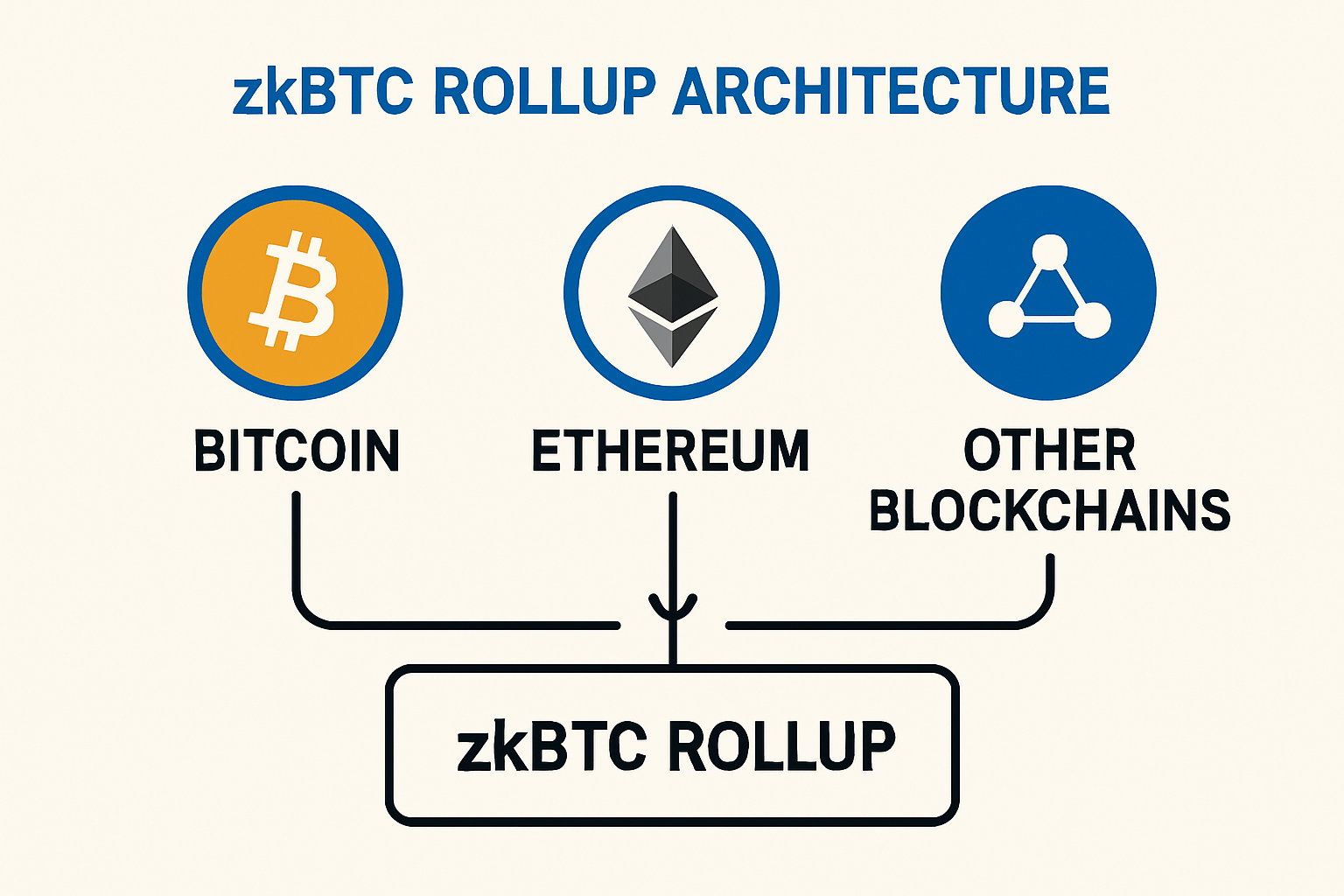 Visualization of zkBTC rollup architecture connecting Bitcoin, Ethereum, and multiple blockchains, illustrating cross-chain scalability and interoperability in 2025.