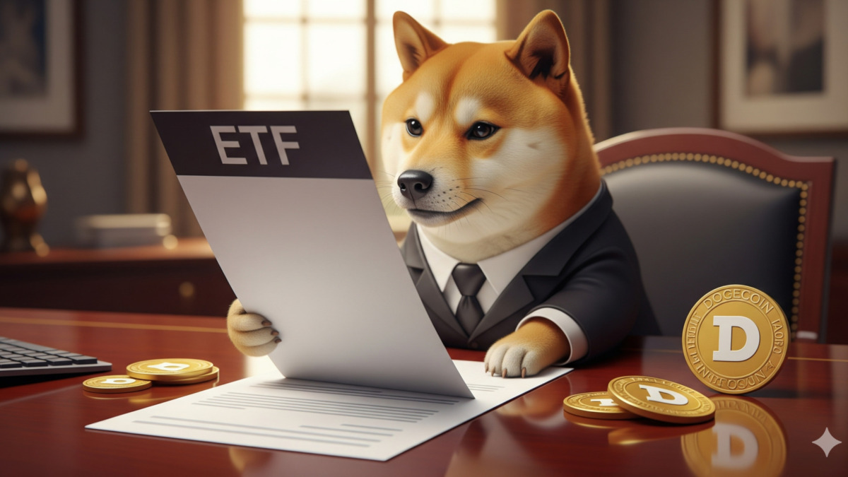 Conceptual image of Dogecoin ETF launch showing digital Dogecoin coins, institutional investors, and dynamic trading visuals to represent price movement and trading volume trends since ETF announcement.