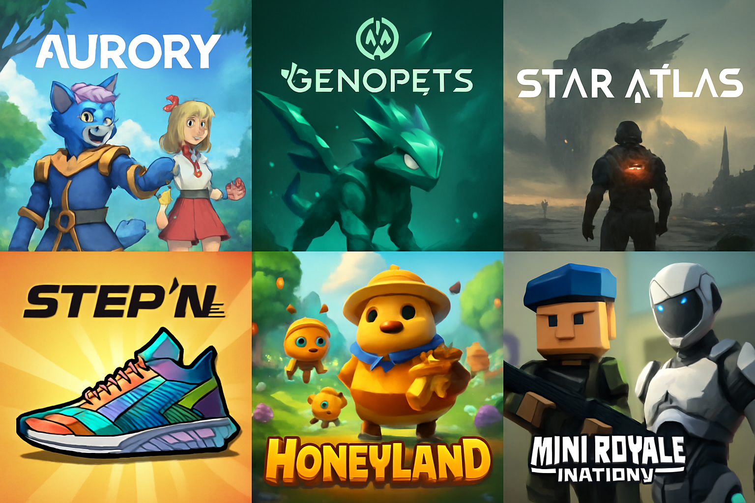 Collage of top Solana GameFi projects for 2025: Aurory, Genopets, Star Atlas, StepN, Honeyland, Mini Royale: Nations, and Ev.io logos and gameplay art
