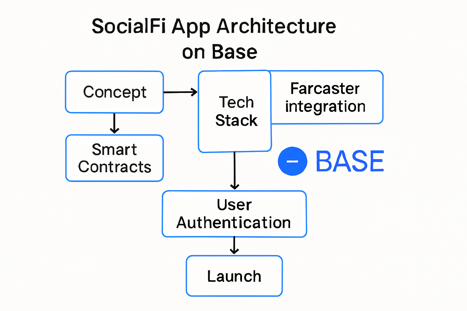 Diagram showing the architecture of a SocialFi app built on Base blockchain, including steps like concept definition, tech stack selection, smart contract development, integration with Farcaster, user authentication, and iterative launch.