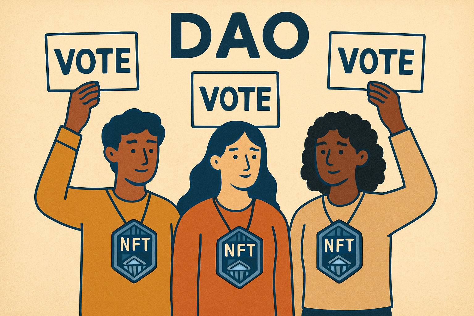 DAO members using NFT governance badges to vote in a decentralized blockchain setting illustration