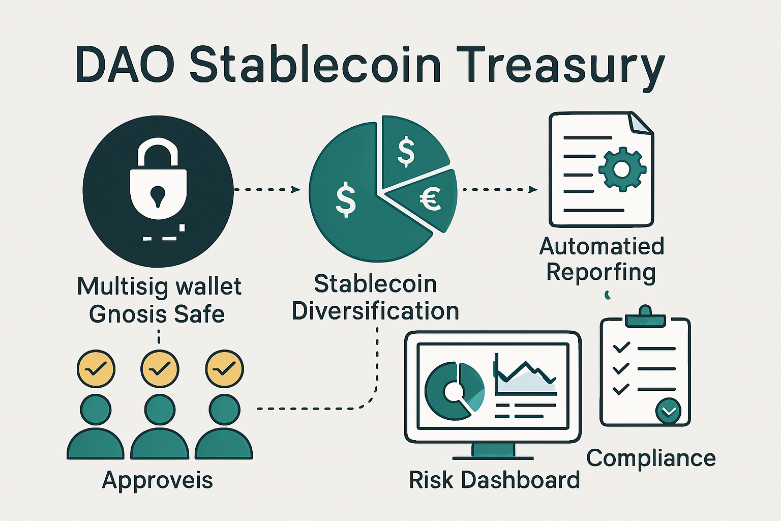 Infographic illustrating DAO stablecoin treasury flows, multisig wallet approvals, and best practices for secure on-chain management, featuring Gnosis Safe, stablecoin diversification, automated reporting, risk dashboards, and compliance frameworks.