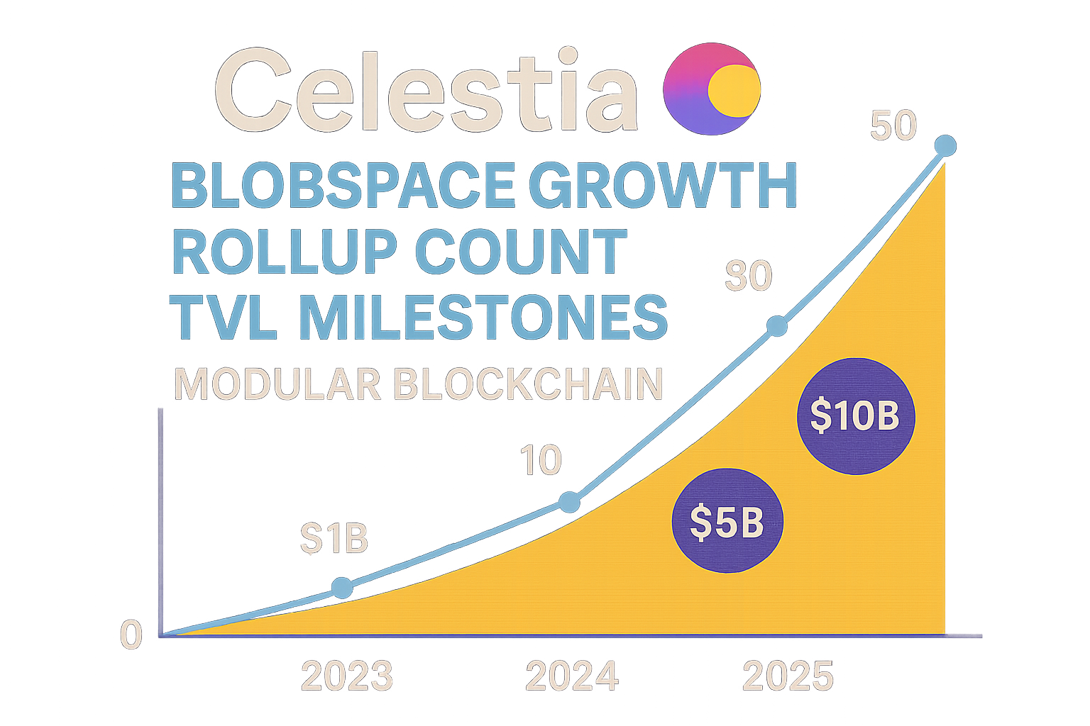 Celestia 2025 infographic showing blobspace growth, rollup count, and TVL milestones in modular blockchain ecosystem
