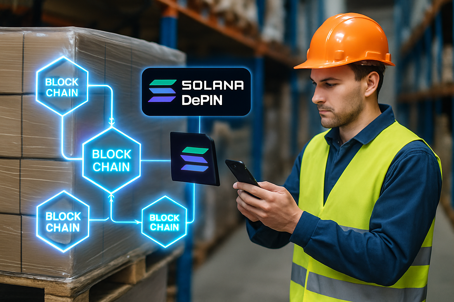 Warehouse worker scans pallet with mobile device displaying Solana DePIN blockchain-verified asset tracking overlay in 2025