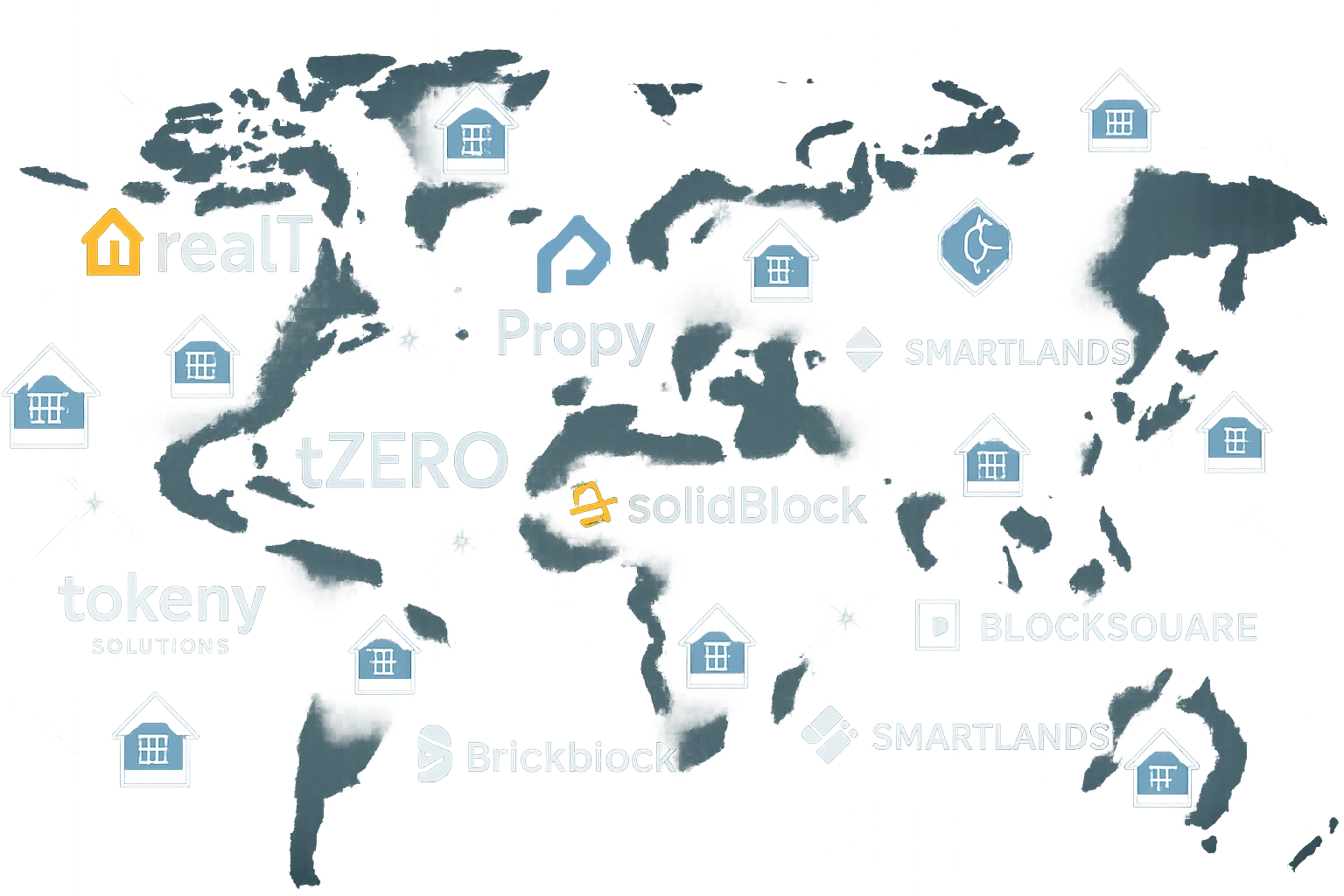 World map with digital property tokens overlay representing top 10 tokenized real estate marketplaces for 24/7 global trading in 2025, including RealT, tZERO, Propy, HoneyBricks, SolidBlock, Harbor, Tokeny Solutions, Brickblock, Smartlands, and Blocksquare.