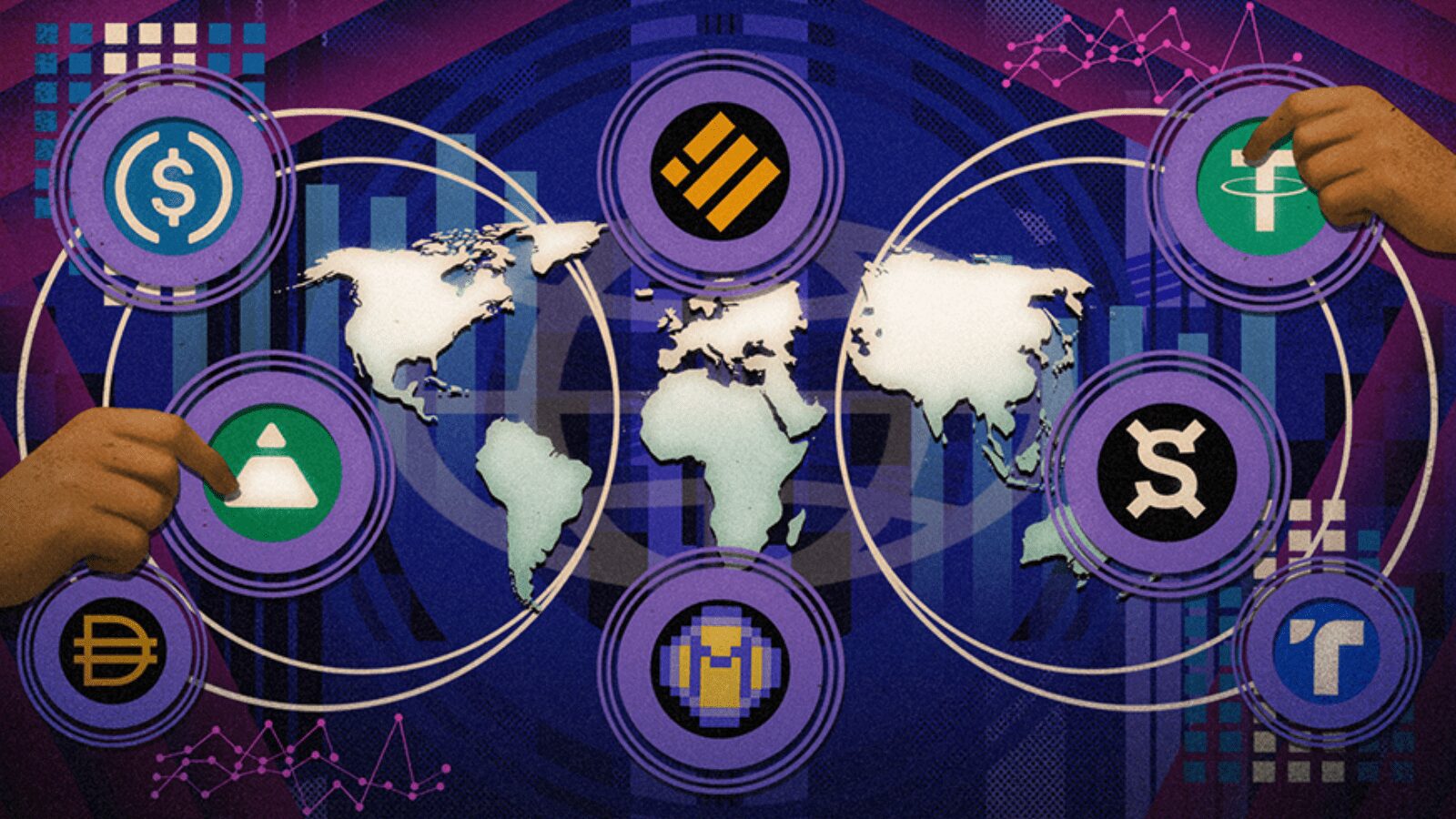 World map illustrating stablecoin adoption trends in major banking regions, highlighting USDC, Tether, and digital yuan initiatives in the US, Europe, and China