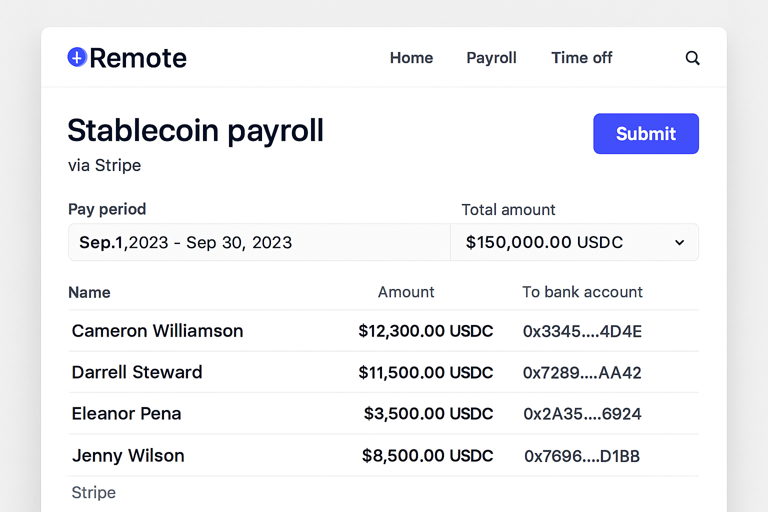 Remote Stripe stablecoin payroll interface