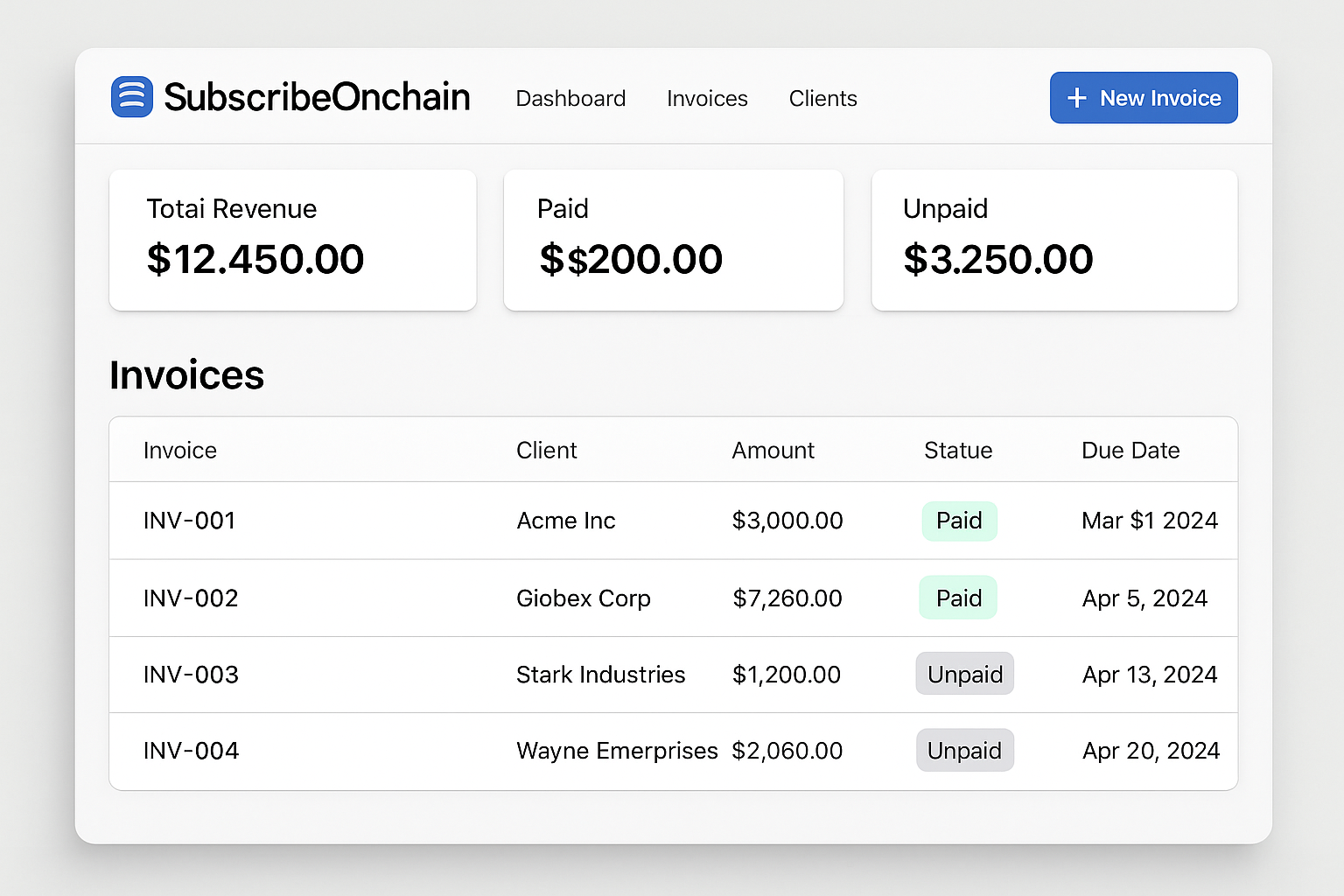 SubscribeOnchain token-agnostic invoicing dashboard