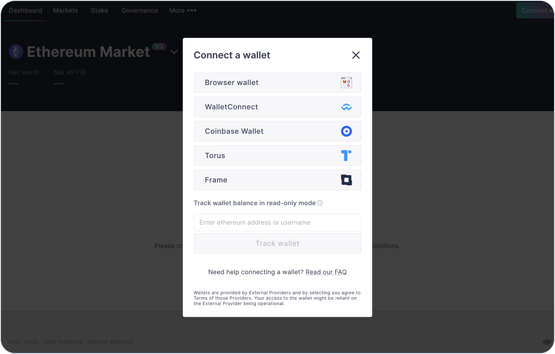 Aave DeFi lending dashboard